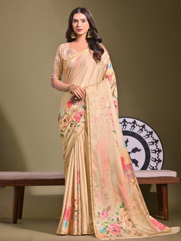 Beige Tussar Silk Digital Print Saree